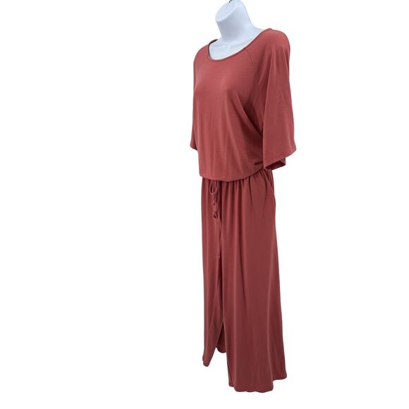 Coral Pink Short Sleeve Wide Leg Drawstring Jumpsuit Womens Tie Back Round Neck - Picture 2 of 10